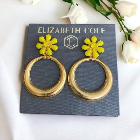 NEW Elizabeth Cole 24K Gold Plated Radley Hoop Earrings Yellow Floral - Picture 2 of 5